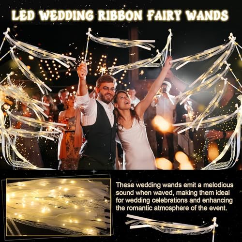 100 Pcs Wedding Wands Ribbon with 3 Colorful Flashing Modes, Light up LED Silk Fairy Wands, Glow Lace Stick with Bells for Wedding Reception, Graduation, New Year, Birthday Party (Warm White) - Image 5