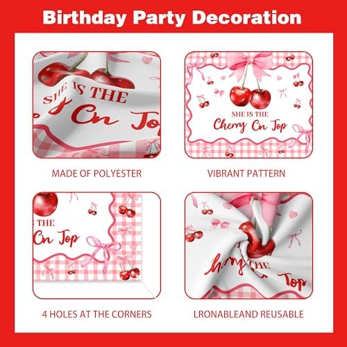 Cherry on Top Baby Shower Decorations for Girl - Red Pink Party Supplies Include Balloon Garland Arch, Backdrop, Tablecloth, 4 Boxes, Foil Balloons - She is the Cherry On Top Decor Gingham Check - Image 7