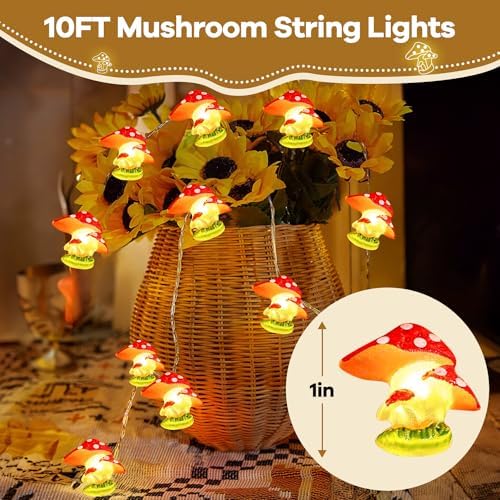 Mushroom Decor Cottage Core Decor 10FT 30LEDs Mushroom String Lights Battery Operated for Kids Gifts Bedroom Dorm Party Wedding Outdoor Patio Whimsical Decoration - Image 5