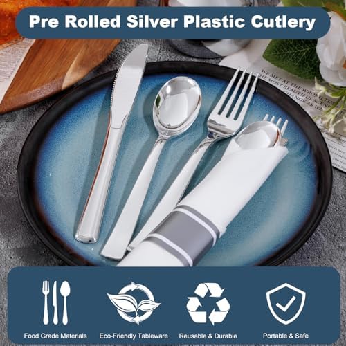 50Pack Pre Rolled Silver Plastic Silverware Set Heavy Duty for Party - Image 2