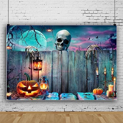 Renaiss 8x6ft Halloween Backdrop Skeleton Pumpkin Lantern Wooden Spooky Night Party Photography Background Ghost Wood Wall Halloween Party Decor Banner Horror Skull Halloween Photo Booth Props - Image 2