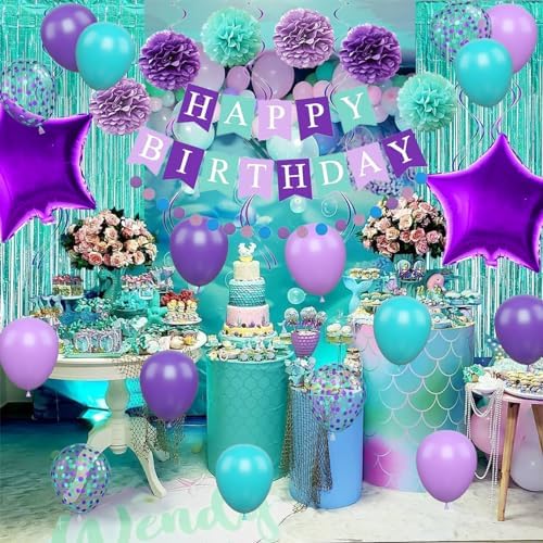 Mermaid Birthday Decorations Purple Teal Blue Party Balloons Happy Birthday Banner Dots Garland Purple Turquoise Green Fringe Curtain Pompom Swirls for Girl Women Baby Shower Party Decoration - Image 4