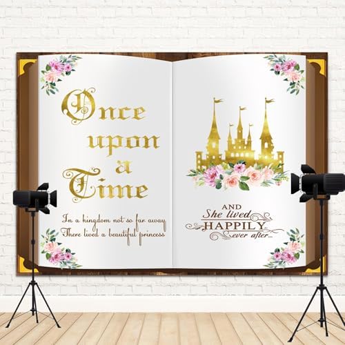 10x7ft Once Upon a Time Backdrop Fairy Tale Book Princess Castle Happily Ever After Floral Storybook Background for Birthday Wedding Baby Shower Bridal Shower Party Decor Photo Booth Props - Image 4