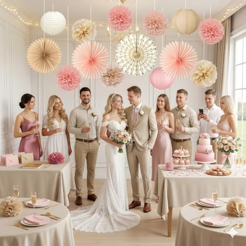 ADLKGG 14 Pcs Champagne Pink & Brown Party Decorations, Boho Paper Lanterns - Image 4