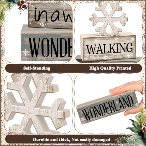 Moucuny 4 Pcs Snowflake Decorations Wooden Block Signs Winter Farmhouse - Image 5