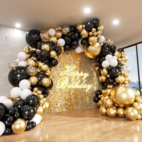 Black and Gold Balloon Arch Kit, ADOINBY 140Pcs Black White Metallic Gold Confetti Latex Balloons 18 12 10 5 Inch Different Size Balloons for Birthday Anniversary Graduation Wedding Party Decorations by ADOINBY