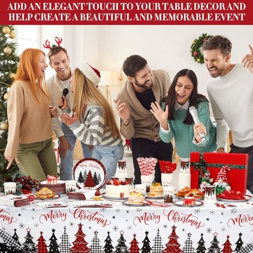 Funnymoom 452 Pcs Christmas Tree Party Supplies for 50, Red Buffalo Plaid Gingham Christmas Paper Plates Napkins Cups Tablecloth Cutlery Straws Tableware Set for Xmas Holiday Party Decorations - Image 6