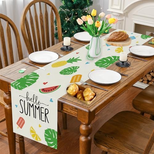 GPGHE Hello Summer Table Runner Popsicle Fruits Leaves Love Heart Table Runners Seasonal Kitchen Dining Table Decoration for Home Party Banquet Decor 13x60 Inch - Image 5