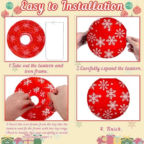 13PCS Christmas Decorations Ornaments Set – 9 Red White Hanging Paper Lanterns, 4 Pom Poms for Indoor, Home, Xmas Party, Porch Decor - Image 5