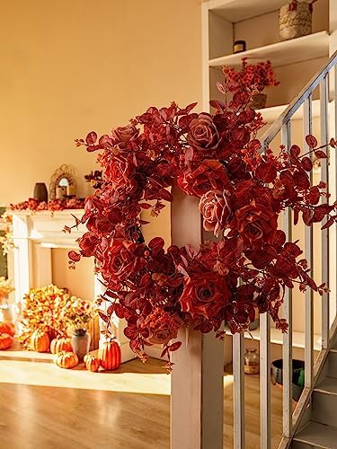 Anna's Whimsy 5.91FT Artificial Eucalyptus Garland with Flowers, Fall Decor Fake Rose Gypsophila Garland, Fall Flower Faux Floral Garlands for Wedding Home Party Table Runner(Orange, 1) - Image 6