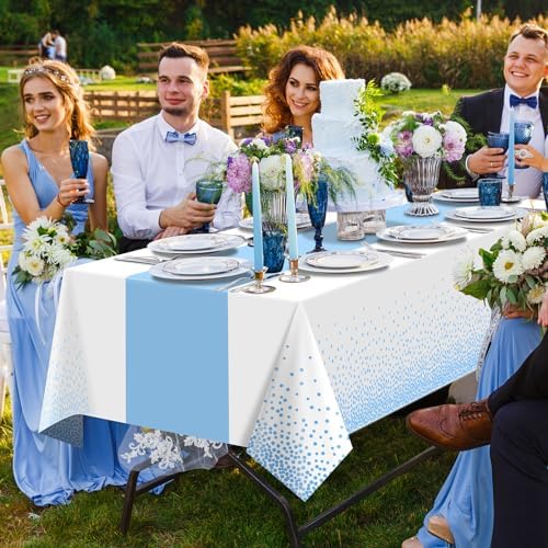 MASHAN 3Pcs White and Light Blue Tablecloth Party Decorations,Plastic White Table Cloth Printed Baby Blue Table Runner Disposable Rectangle Cover for Birthday Baby Shower Wedding Party,54 x108 Inch - Image 6