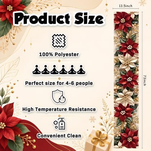 Christmas Decorations - Elegant Red White Poinsettia Gold Leaf Table Runner - Image 3