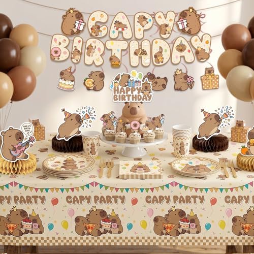 Kinovo 176 Pcs Capybara Birthday Decorations (Serves 24), Capybara Party Decorations Include Banner Hanging Plates Napkins Cups Forks Tablecloth Topper Balloons for Party - Image 2