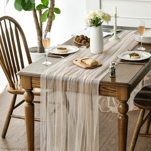 Artoid Mode Peach Gauze Table Runner 120 Inch 10FT, Seasonal Sheer Kitchen Dining Holiday Wedding Birthday Baby Shower Table Decor for Home Party - Image 6