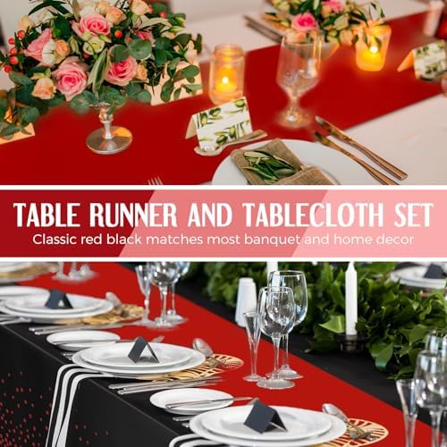 Breling 8 Pack Black and Red Tablecloths and Satin Runners Set - Image 4