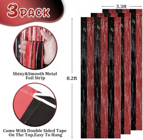 Voircoloria Red and Black Foil Fringe Backdrop Curtains, 3.3x8.2ft, 3 Pack - Image 2