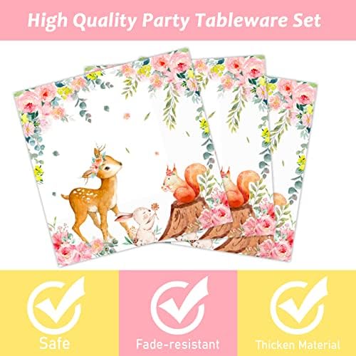Tevxj 96PCS Woodland Baby Shower Tableware Set Girls Pink Safari Dinnerware Disposable Plates Woodland Party Plates Napkins Forks for Forest Animal Deer Flower Party Decorations Supplies 24 guests - Image 3