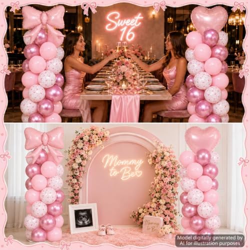 2 Sets Pink Bow Balloon Column Stand Adjustable Pink Heart Balloon Decor - Image 6