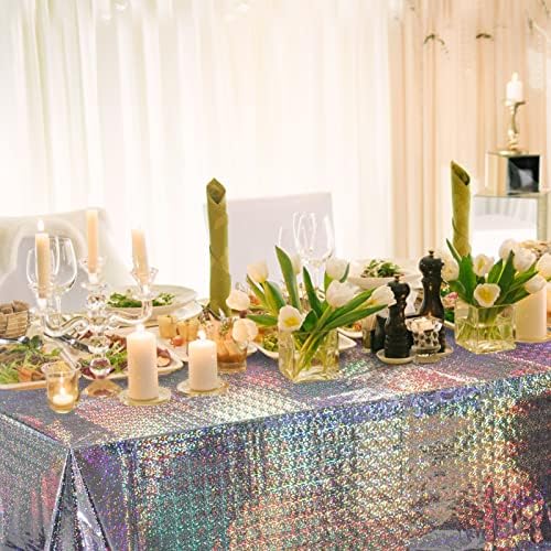 FunnyPars 8 Pack Iridescent Plastic Tablecloths Shiny Disposable Laser Rectangle Table Covers Holographic Foil Tablecloth Iridescent Party Decoration - Image 5