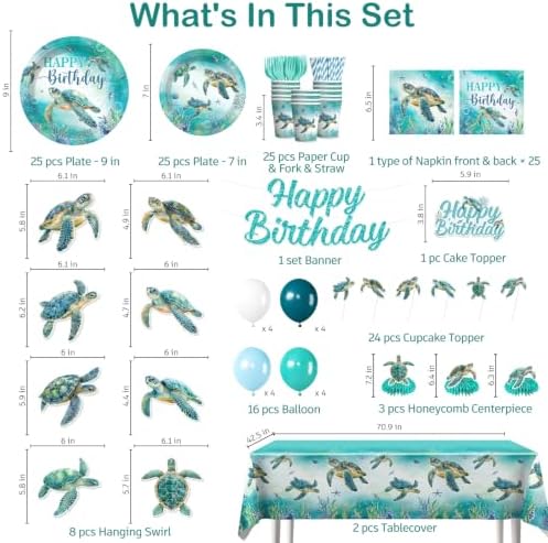 Xynic 205Pcs Turtle Birthday Decorations Tableware Set, 25 Serves - Image 2
