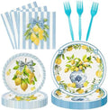 96Pcs Chinoiserie Vase Lemon Party Plates Supplies Capri Lemon Blue White Vase Tableware Decorations Disposable Paper Plates Napkins Forks for Birthday Summer Party Wedding, Serves 24 by G1ngtar