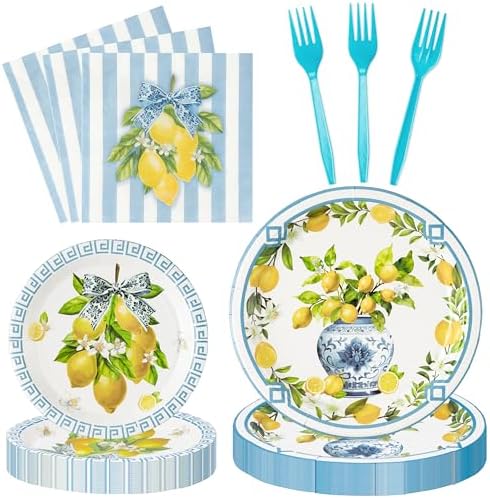96Pcs Chinoiserie Vase Lemon Party Plates Supplies Capri Lemon Blue White Vase Tableware Decorations Disposable Paper Plates Napkins Forks for Birthday Summer Party Wedding, Serves 24 by G1ngtar