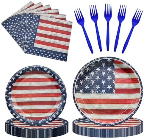 96 Pieces 4th of July Plates and Napkins Set, Vintage American Flag Disposable Tableware with Paper Plates Napkins and Forks for BBQ Picnic Party, Serves 24 by GistomeHome