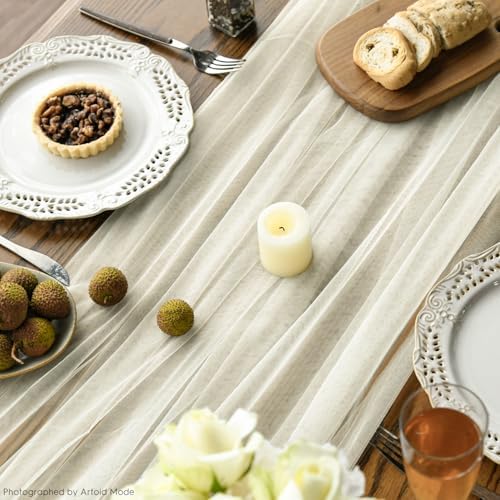 Artoid Mode 6PCS Beige Gauze Table Runner 120 Inch 10FT, Seasonal Sheer Kitchen Dining Holiday Wedding Birthday Baby Shower Table Decor for Home Party - Image 6