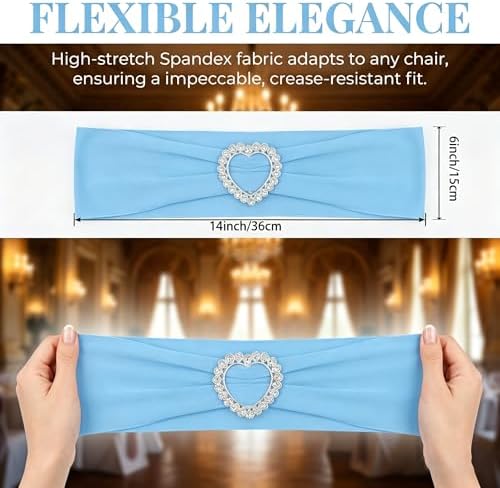 150PCS Spandex Stretch Chair Sashes with Buckle Slider, Elastic Chair Cover Bands Bows for Wedding Party Reception Events Universal Ceremony Banquet Decorations (Sky Blue) - Image 2