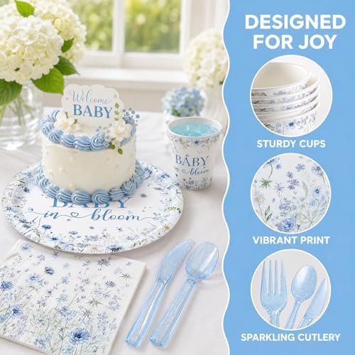 120PCS Boy Baby Shower Party Supplies Baby in Bloom Party Decorations Spring Wild Flower Pregnancy Announcement Tableware Set Dessert Plates Napkins Cups Set for 20 Guests - Image 7