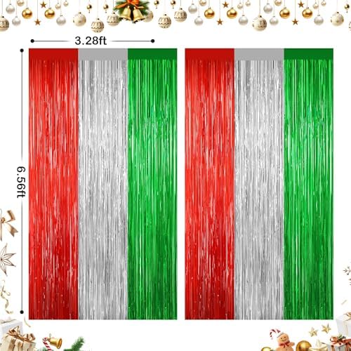 2Pack Christmas Backdrop, Red Silver Green Metallic Foil Fringe Curtains - Image 4