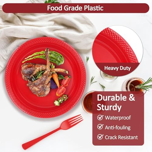 200pcs Red Plastic Plates for Party Disposable 9''Dinner Plates and Napkins - Image 3