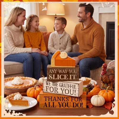 Moucuny 4 Pcs Fall Coffee Table Decor, Grateful Pumpkin Pie Wood Block Sign - Image 4