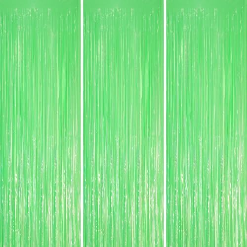 Voircoloria Pastel Green Foil Fringe Backdrop Curtains,3.3x8.2ft, 3 Pack by Voircoloria