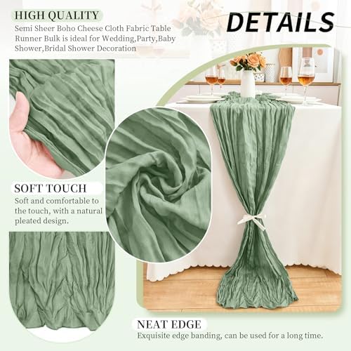 10 Pack Sage Green Cheesecloth Table Runner, 17x108 Inch Semi Sheer Boho Gauze Cheese Cloth Fabric Table Runners for Wedding Party Baby Shower Birthday Garden Farmhouse Table Decor - Image 3