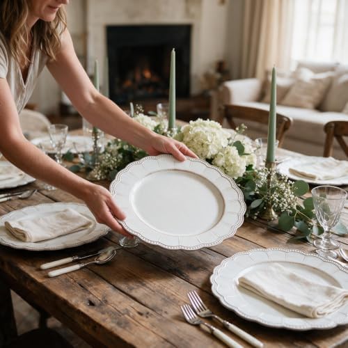 White Antique Charger Plates,13 Inch Metallic Chargers for Dinner Plates, Bead Rim Plastic Chargers For Dining, Wedding, Party,Shower. 6 Pack Decorative Holiday Tabletop Decor - Image 5