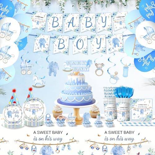 220 Pcs Blue Baby Shower Decorations 25 Guest All-in-One Party Supplies Kit with Disposable Tableware, Balloons, Hanging Swirl, Banner, Cake Toppper, Tablecloth for Baby Shower Decor - Image 3