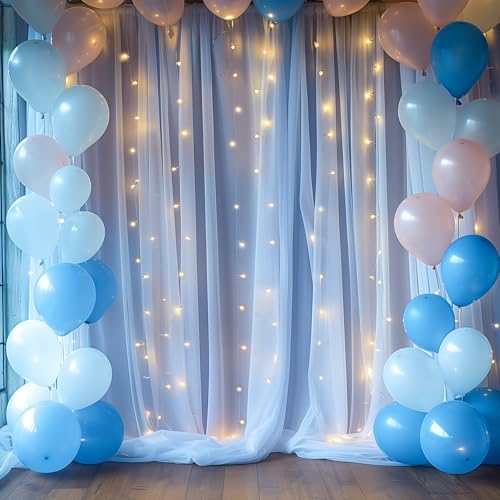 30ft x 10ft Blue Backdrop Curtain with Lights String for Parties, Sheer Tulle Wedding Photo Backdrops Drapes for Baby Shower Birthday Party Decorations Background for Photography - Image 2
