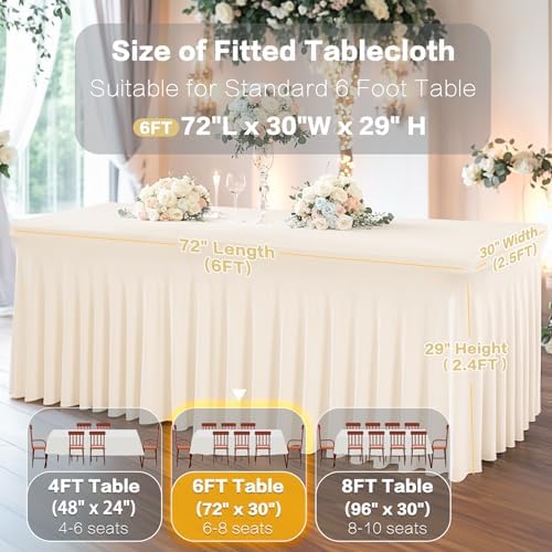 Shillance 8 Packs Ivory Spandex Table Covers 6 Foot, Fitted Stretch Table Cloth with Skirts 72x30 Inch, Wrinkle-Free Floor Length Rectangle Tablecloths for Weddings Parties Banquets Events - Image 3