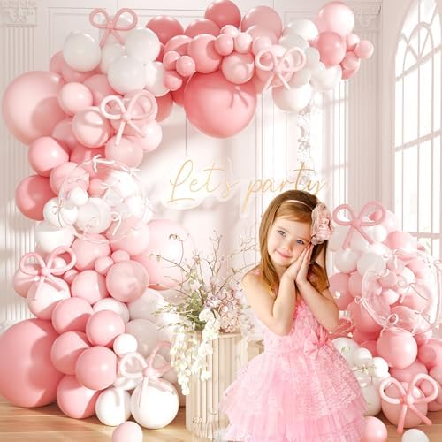 Pink Bow Balloons Garland Arch Kit,180Pcs Pink and White Balloons with Clear Balloon Wrap Bows for Wedding Bachelorette Baby Shower Coquette Birthday Party Decorations - Image 3