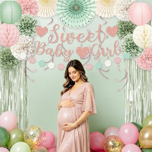 Sage Green and Pink Baby Shower Decorations with Banner Fringe Curtains - Image 4