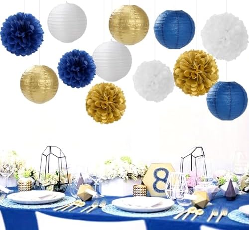 Navy-Blue Gold Party-Decorations Paper-Flowers Lanterns - 15PCS Royal White Baby Bridal Shower Tissue Pom Poms Streamers, Bachelorette Birthday Wedding Graduation Hanging Supplies Decor Hugfond - Image 3