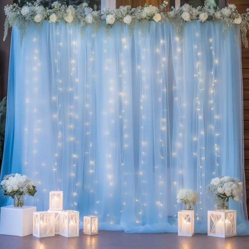 30ft x 8ft Blue Backdrop Curtain Panels with Lights String for Parties, Sheer Tulle Wedding Backdrop Drapes for Baby Shower Birthday Party Home Decorations - Image 7