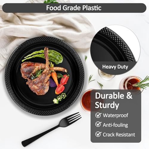 200pcs Black Plastic Party Plates Set, Disposable Black Plates and Napkins for Party, 50 Of Each 9" Dinner Plate, Napkins, Cups & Cutlery Plastic Dinnerware for Retirement, Graduation, Birthday, BBQ - Image 3