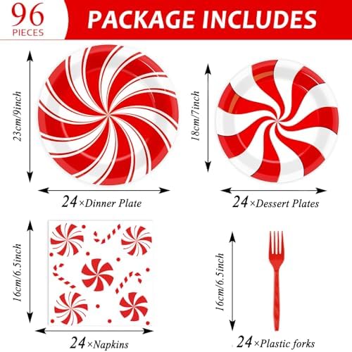 96pcs Christmas Peppermint Candy Paper Plates Party Supplies Tableware Set Candy Mint Party Supplies for Holiday Xmas Red and White Striped Peppermint Disposable Dinnerware Decorations 24 Guest - Image 2