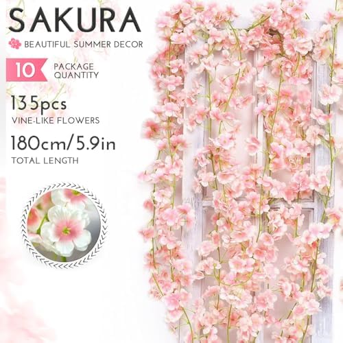 YRIOWMI 10PCS 59FT Artificial Silk Cherry Blossom Garland, Hanging Sakura Flower Vines for Wedding Party Home Arch Office Sakura Decor (Light Pink) - Image 2