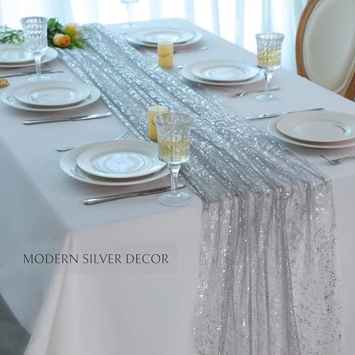 Snowkingdom Silver Gray Table Runner 10FT, Sheer Sparkly Shiny Glitter Sparkle Cheesecloth Tulle Elegant Centerpiece Modern Dining Decor for Wedding Party Bridal Shower Birthday Christmas New Year - Image 4