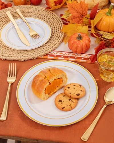 bUCLA 300PCS Gold Plastic Plates - White Gold Dinnerware set Disposable - Include 50 Each (Dinner&Dessert) Plates,50 Knives,50 Forks,50 Spoons,50 Cups for Party, Thanksgiving, Fall Harvest & Autumn - Image 6