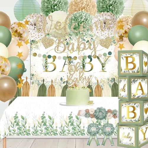 Sage Green Baby Shower Decorations Gender Neutral Baby Shower Decorations Welcome Baby Banner Sage Green Balloons Paper Lanterns Pom Tablecloth Neutral Gender Reveal Birthday Party Supplies by OUNIY