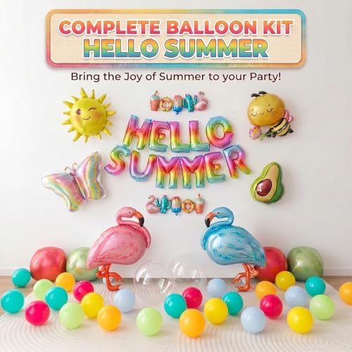 91 PCS "Hello Summer" Foil Balloon Decoration Kit, Tropical Summer Party with Flamingo Bee Butterfly Avocado Mylar Balloons All-in-One Set, Rainbow Letter for Pool Party, Beach Party, Summer Decor - Image 2